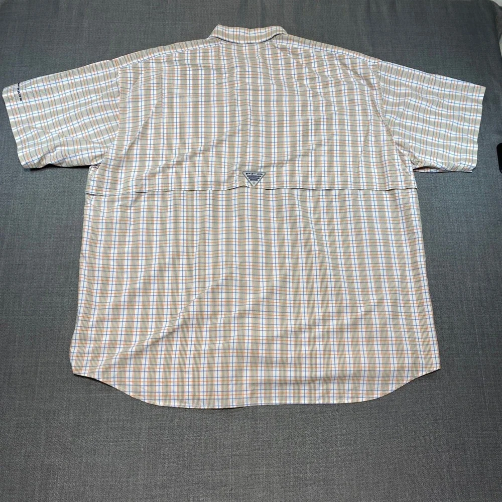 Columbia PFG‎ Super Bahama Fishing Shirt Mens XL Orange Blue Plaid Short Sleeve